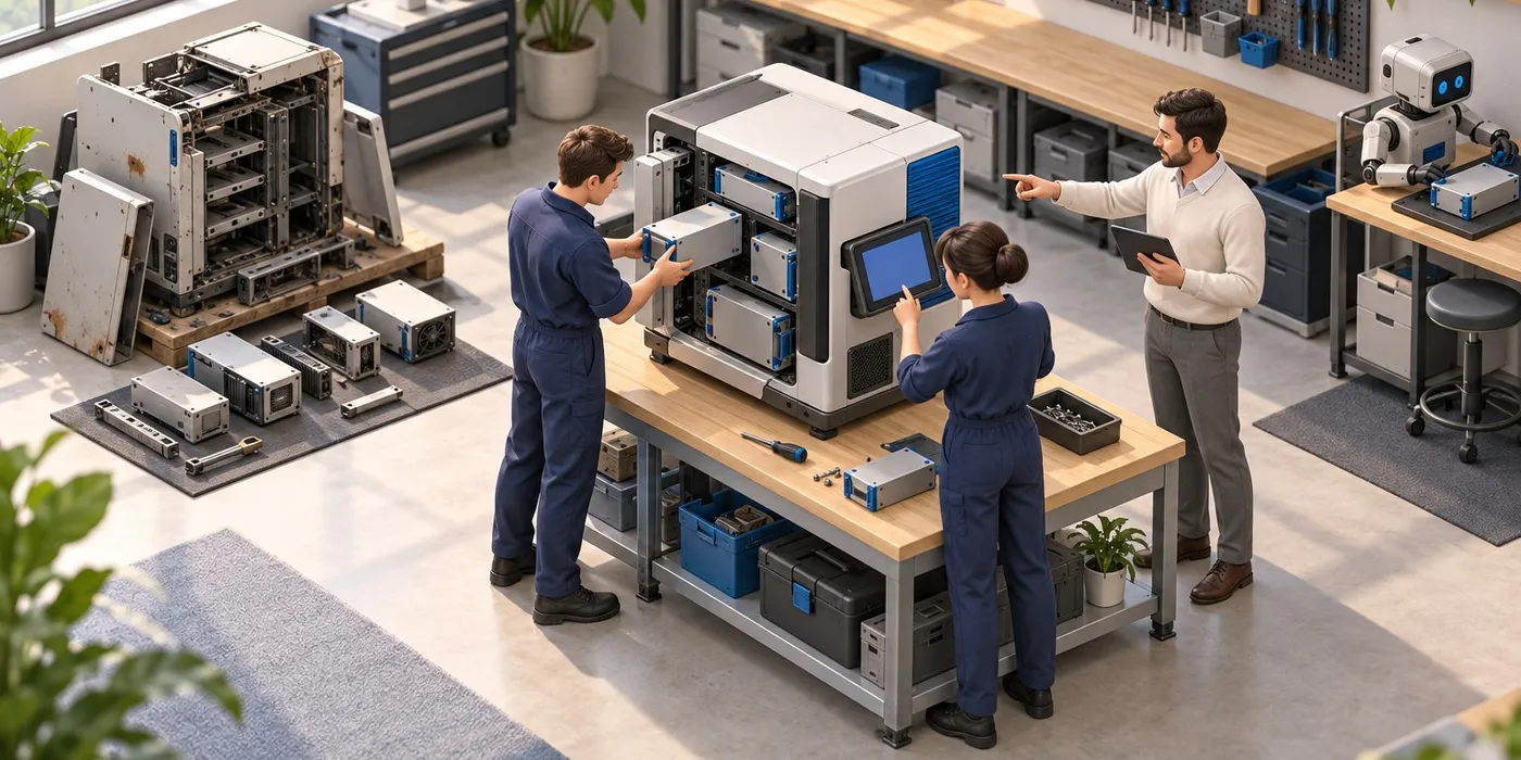 Illustration: on a workbench, two people in navy work clothes assemble a clean modular machine while a customer with a tablet points at it. To one side an older, patched machine is being taken apart, its parts laid out on the floor; a small boxy robot works at a side desk in the corner.