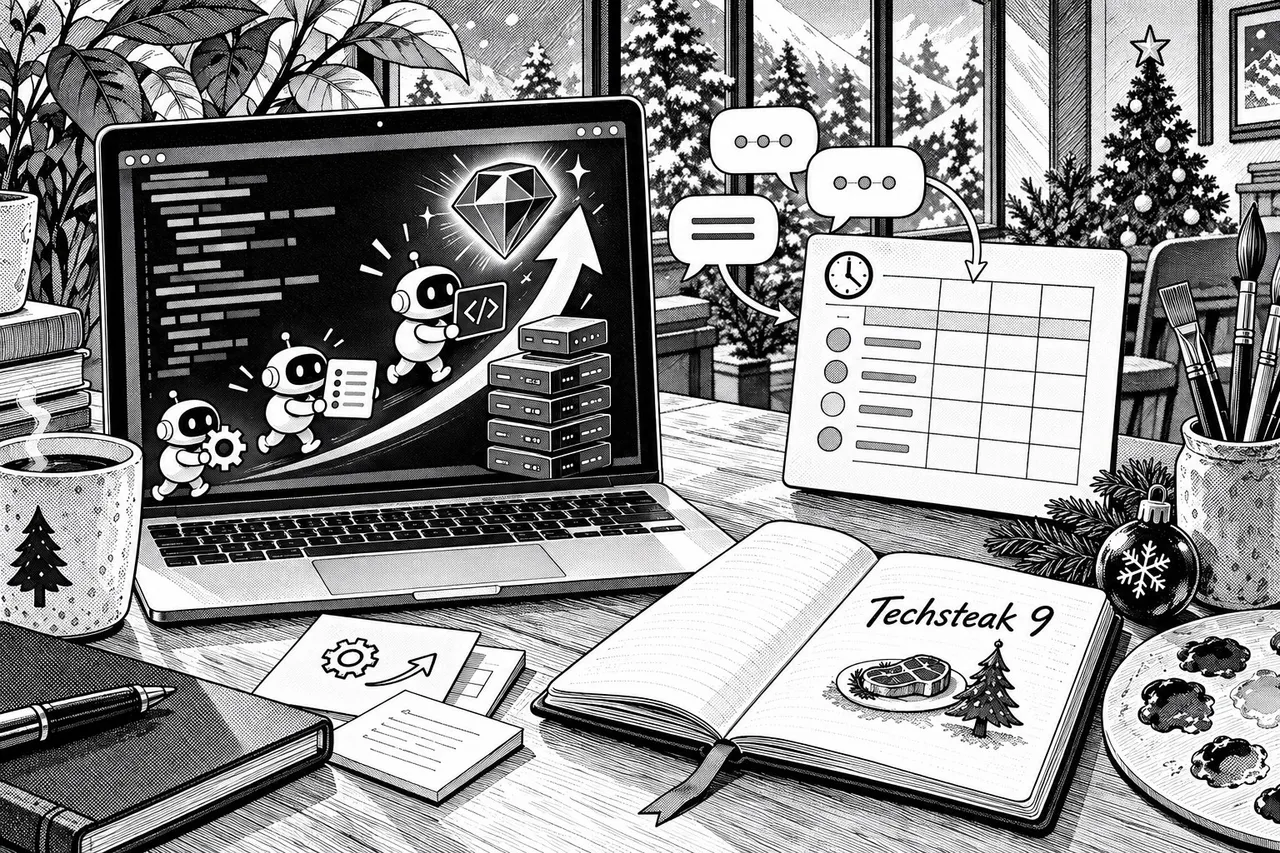 Black-and-white drawing of a desk: on a laptop, small robots carry code up an arrow towards a ruby; chat bubbles turn into a timesheet; a notebook is open at “Techsteak 9”; paintbrushes and a palette; snowy trees outside the window.